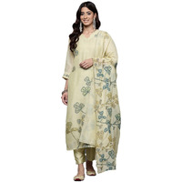 Varanga Women Olive Floral Printed Thread Embroidered Kurta With Bottom And Dupatta, Scallop V Neck, Three-Quarter Sleeves, Straight Kurta, Tonal Bottom, And Printed Dupatta