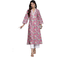 Varanga Women Pink Floral Printed V-Neck Lace Detailed Straight Kurta (Medium)
