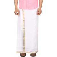 Prakasam Cotton Mens Single White Dhoti With Gold Silver Jari Border Single Dhoti (1.28X4.00 Mtrs)