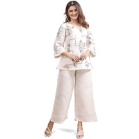 Womanista Women's Off White Colour Linen Contrast Thread Floral Embroidery Top With Palazzo Set(Co-Ords_9066_L)