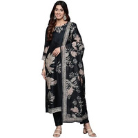 Varanga Women's Round Neck Floral Printed Embroidered Kurta Paired With Solid Bottom And French Knot Embroidered Dupatta