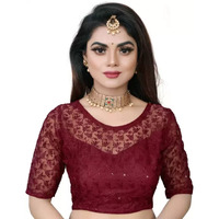 Vihu Fashion Women's Net Solid Half Sleeve Regular Blouse (Shipali Patti Maroon 38)