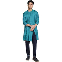 Fabindia Men's Viscose Silk Solids Slim Kurta (102587601_Teal