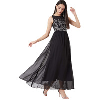 Miss Chase Women's Boat Neck Solid Embellished Maxi Dress Black