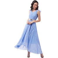 Miss Chase Women's Powder Blue V-Neck Ruffled Sleeve Solid Embellished Maxi Dress (Mcaw21D06-17-167-04,Powder Blue,M)