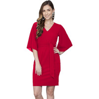 Addyvero V-Neck 3/4 Sleeve Cotton Blend Solid Bodycon Knee-Length Women Dress (Red, M)