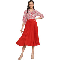 Kzully Women's Print 3/4 Sleeve Pleated Midi Dress With Belt Red