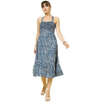 Oomph! Women's Western & Fusion Wear Printed Crepe Dress For Women, Smocked Bodice, Blue - Md1033