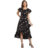 Oomph! Dress For Women Stylish| Summer Vacation Style |Floral Print Wrap Maxi |Lightweight Flared Maxi Dress For Casual & Holiday Wear Jet Black
