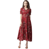 Patlani Women's Fit And Flare Maxi Dress Maroon-M(Full-Stitched)