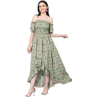 Oomph! Flared Dress For Women Stylish | Long One Piece For Women | Off Shoulder Puff Sleeve Long Dress | Floral Print Maxi One Piece | Western & Fusion Wear Bohemian Style