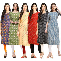 Pinkmint Women's Crepe Digital Print Straight Kurta Pack Of 6 [Cr-369-338-360-370-362-331-M]