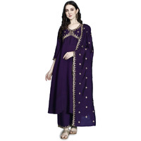 Pratham Blue Kurta Set For Women Silk Embroidered Anarkali Kurta Set For Women With Palazzos And Dupatta (Pb-6168-S_Purple)