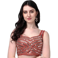 Pujia Mills Women's Multicolor Heavy Phantom Silk Thread Zari And Sequence Work And Real Mirror Hand Work Readymade Saree Blouse (Sleeves Attached Inside) (Kanchi Blouse_Red_38 Size+ Margin)