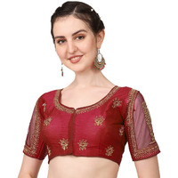 Pujia Mills Women's Multicolor Temple Embroidery Net Back Sequence Khatli Work Sleeves Design Phantom Silk Readymade Saree Blouse (Temple Blouse_Maroon_38 Size+Margin)