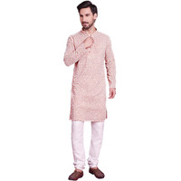 Jompers Men's Orange & White Embroidered Straight Kurta Pyjama Set. (Orange, S)