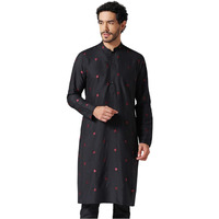Kisah Mens Kurta, Black Cotton Blend, Embroidered Regular Fit Mandarin Collar Long Sleeves (Xl)