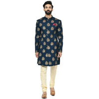 Kisah Men's Indo-Western Sherwani Churidar Set, Blue Cotton Blend, Foil Print Regular Fit Mandarin Collar Long Sleeves (38)