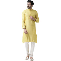 Kisah Men Yellow White Self Design Kurta With Churidar, Full Sleaves, Knee Length, Straight, Regular Fit, Mandarin Collar Ethnic Wear, 40