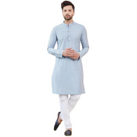 See Designs Men Long Sleeve Side Slit Mandarin Collar Blue Cotton Solid Straight Kurta - Sdkt2484Xs