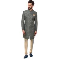 Kisah Men's Indo-Western Sherwani Churidar Set, Green Silk Blend, Jacquard Regular Fit Mandarin Collar Long Sleeves (L)