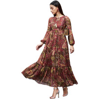 Miss Chase Women's Relaxed Fit Pocketed Maxi Chiffon Dress (Plus Size) (Mcss22D16-17-179-07, Multicolored-Base-Brown, 2Xl)