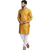 Sojanya (Since 1958 Men's Silk Blend Mustard Self Design Kurta And White Churidar Pyjama Set