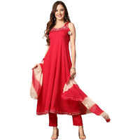 Stylum Women's Solid & Embroidered Poly Crepe A-Line Kurta Pant Dupatta Set (Kpdpinkpanama42_Pink, Xl)