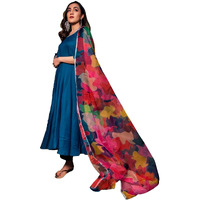 Sugathari Women's Blue Floral Print Tiered Midi Fit & Flare Dress With Digital Printed Dupatta (Dress2 112 Blue L)