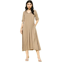 Varanga Women Beige Shirt Collar A-Line Dress  Comfortable Short Sleeves Calf Length Dress For Stylish Everyday Wear, Office & Casual Outings (Extra Large)