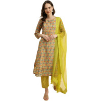 Varanga Ikat Printed A-Line Mirror Embroidered Kurta Paired With Straight Trouser And Dupatta