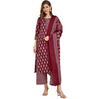Sanisa Women's Cotton Blend Printed Straight Kurta With Pant And Dupatta Set (227Kbd2405N-L_Maroon & White)