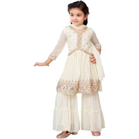 Aarika Girls Ethnic Wear Cream Colour Thread Sequin Embroidery Georgette Kurti Sharara Set (5-11 Years)