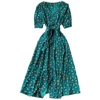 Gufrina Dresses For Women Half Sleeve || Floral Print || V-Neck And Puff Sleeves || Front Open Button & Tie-Up || Midi Dress (Green M)