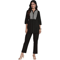 Anubhutee Women's Black Mirror Work Embroidered A Line Pure Cotton Co-Ord Set