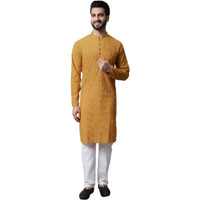 Jompers Men Mustard Embroidered Pure Cotton Kurta With Pyjamas (Mustard, L)