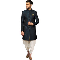 Kisah Men's Indo-Western Sherwani Dhoti Set, Navy Blue Cotton, Jacquard Regular Fit Mandarin Collar Long Sleeves (S)