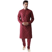 Kisah Men's Cotton Blend Long Sleeves Regular Fit Printed Dark Red Kurta Churidar Set (Xl)