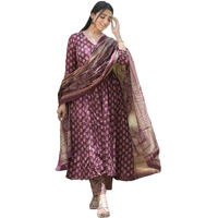 Nermosa Women Printed Anarkali Kurta And Pant Set With Dupatta (In, Alpha, M, Wine)
