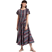Oomph! Dress For Women Stylish | One Piece For Women Long | Trendy Long One Piece Summer Outfit | Lightweight Flared Maxi Dress For Casual & Holiday Wear Multicolour