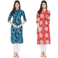 Pinkmint Women Cotton Printed Kurta Stylish Regulr Fit Girl's Combo Kurta Ll Regular Fit Combo Kurta (Pack Of 2) Blue-Red
