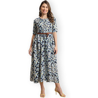 Preneum Women's Black Fit And Flare Printed Maxi Dress With Belt_108 (2Xl)