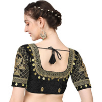 Pujia Mills Women's Silk Readymade Stylish Design Half Sleeve Maggam Designs Pattu Aari Work Blouse For Wedding (Black Color, 38)