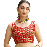 Pujia Mills Women's Embroidery Work Real Mirror Sleeveless Readymade Blouse Red Color (V-Mirror_Red_36)
