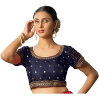 Pujia Mills Women's Navy Blue Readymade Blouse Embroidery Multi Coding Gold Thread Indian Ethnic Designer Blouse Stitched Women's Readymade Short Sleeve Saree Blouse For Women For Saree Lehenga Choli