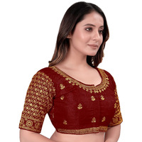 Pujia Mills Women's Readymade Embroidery Milan Silk Half Sleeve Saree Blouse (Sigma Maroon 38)