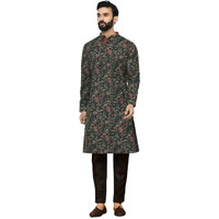 Kisah Men's Cotton Blend Long Sleeves Regular Fit Printed Black Kurta Trousers Set (L)