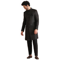 Kisah Mens Indo-Western Sherwani Trouser Set|Silk Blend Fabric Self Design Pattern Mens Ethnic Wear|Regular Fit Mandarin Collar Long Sleeves, Black, 38