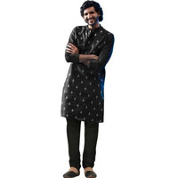 Kisah Men's Kurta Churidar Set, Black Art Silk, Embroideredmandarin Collar Long Sleeves Regular Fit|42