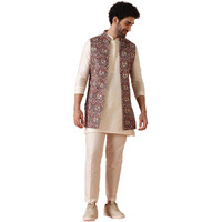 Kisah Mens Kurta Jacket Trouser Set|Cotton Blend Fabric Printed Pattern Mens Ethnic Wear|Regular Fit Mandarin Collar Long Sleeves, Purple, 40